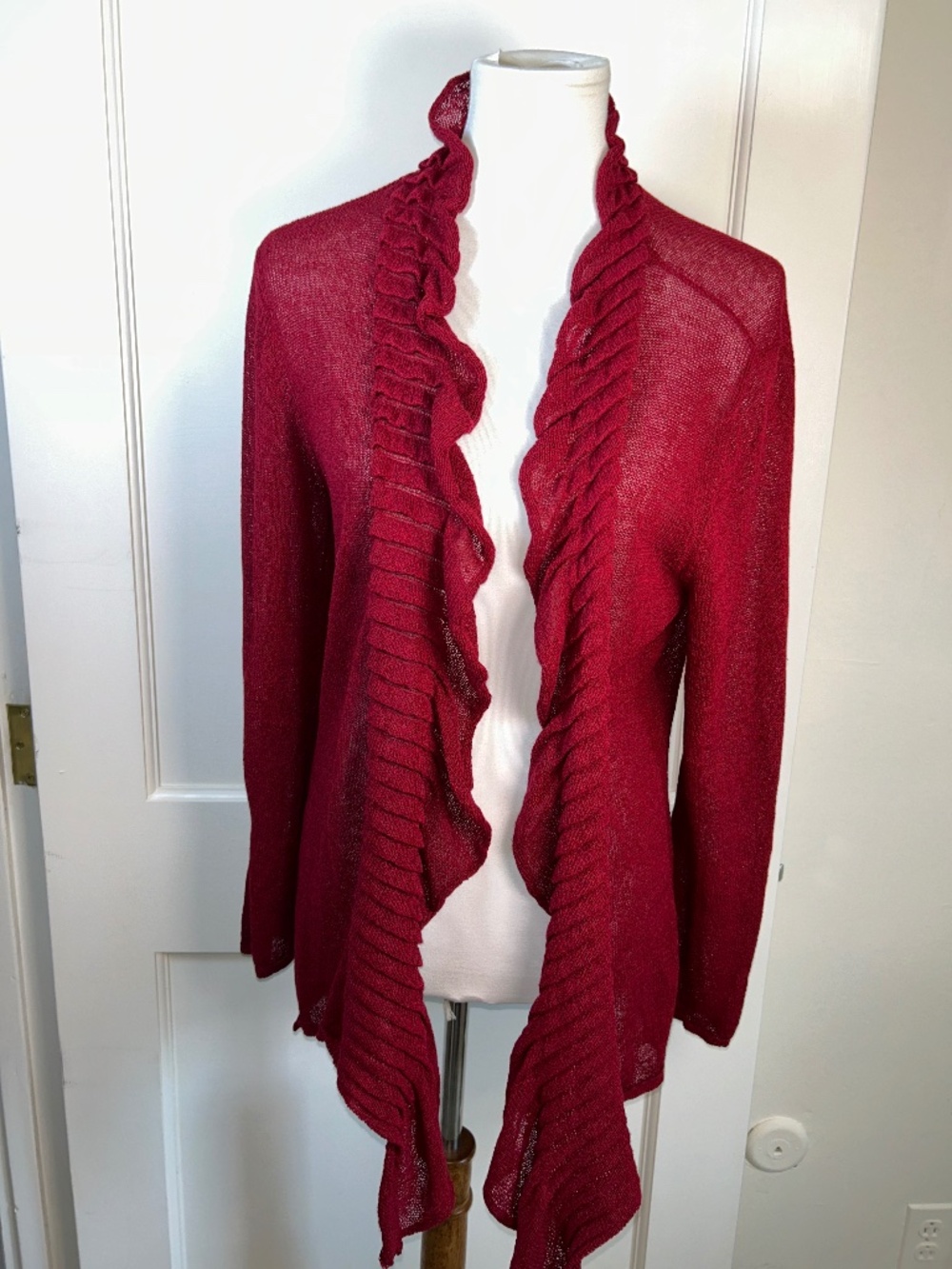 Eileen Fisher Knit Open Ruffle Front Cardigan Wine Red Linen Blend Women's XL